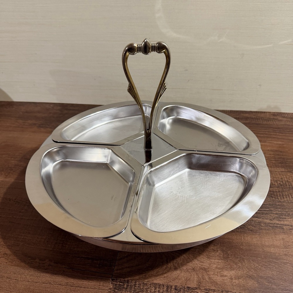 Vintage Kromex Lazy Susan 13.5" Chrome Serving Set Mid Century Modern 4 Tray